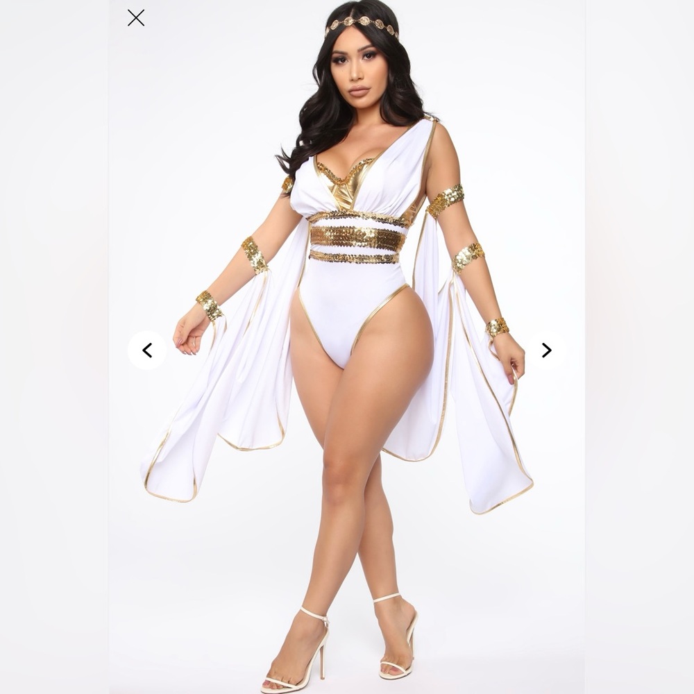 Brand New White and Gold Goddess 3 Piece Halloween Costume Set Bodysuit